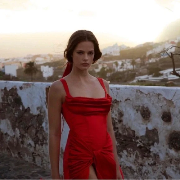 For Love & Lemons Anisa Asymmetrical Fringe Satin Midi Dress Red  Anthropologie